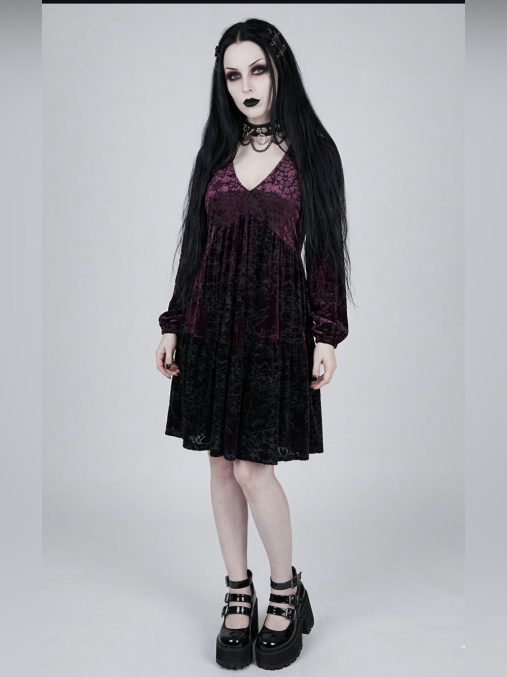 Taylor Plum Black Babydoll Velvet Floral Burnout Whimsigoth Dark Sz 4 Dress